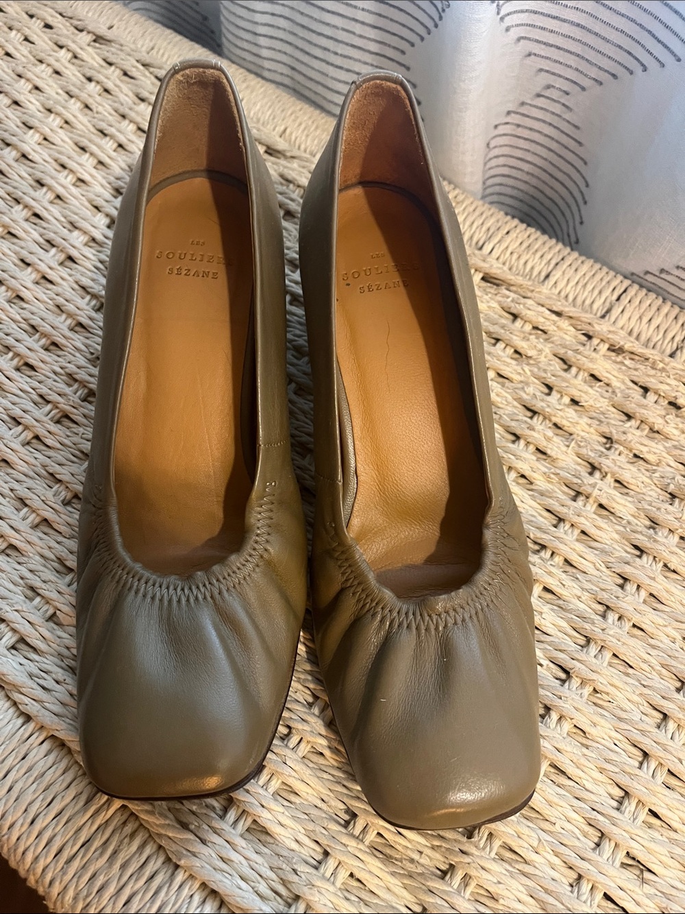 Sezane Olive Leather Square-Toe Ballet Flats
